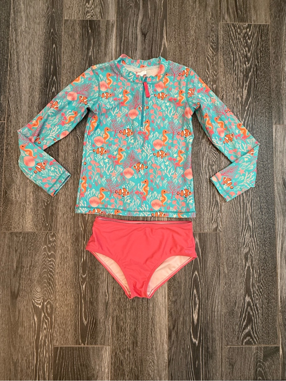 Kids Long Sleeve Rash Guard Swim Set in Teal & Coral